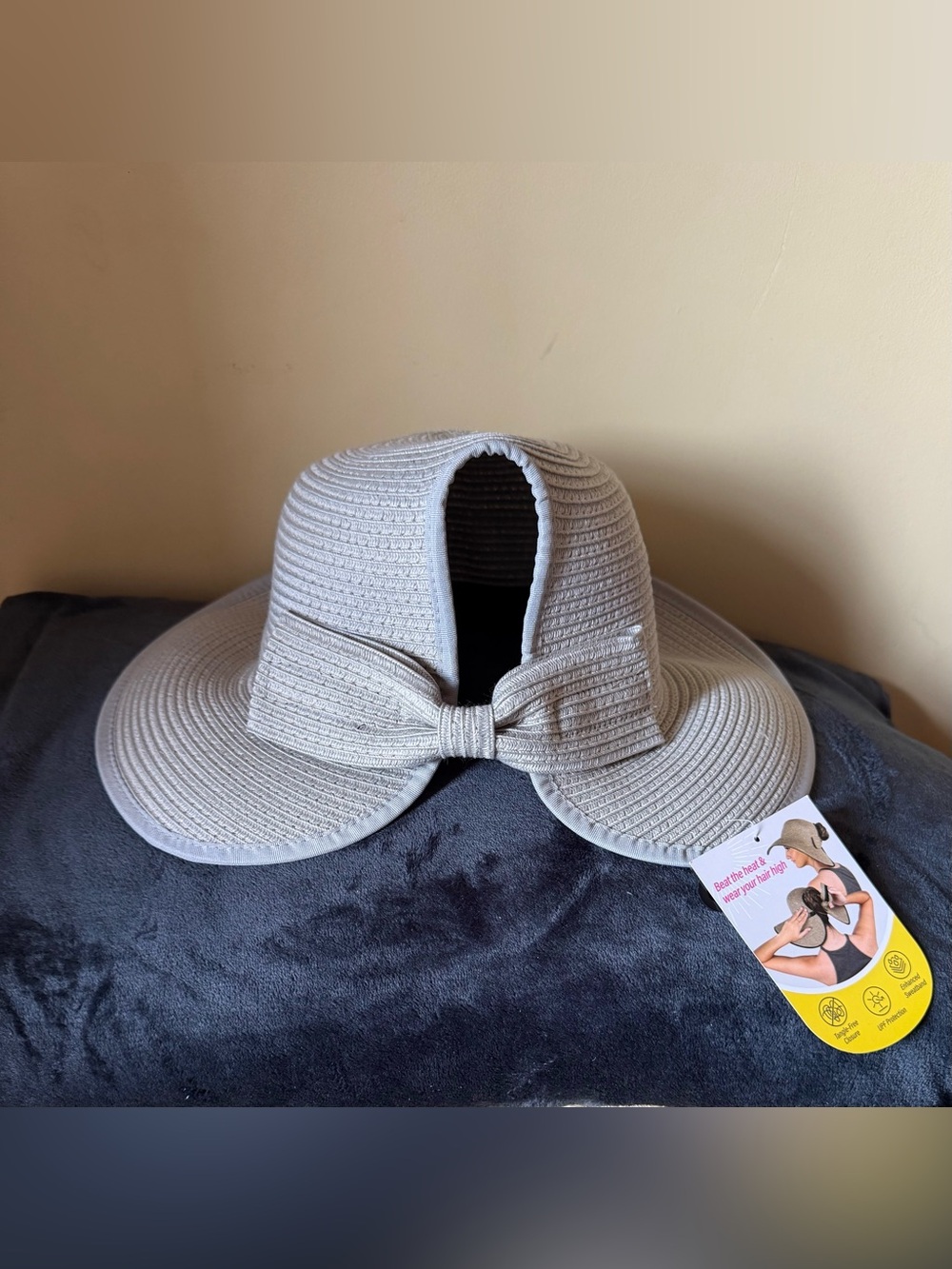 Ponyflo UPF 50+ Wide Brim Sun Hat Ponytail Opening Bow Back bluish - gray color